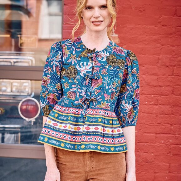 PrintFresh Annabelle Blouse in Tibetan Tigress Tie Front Flutter Hem Top Size S - Picture 12 of 12